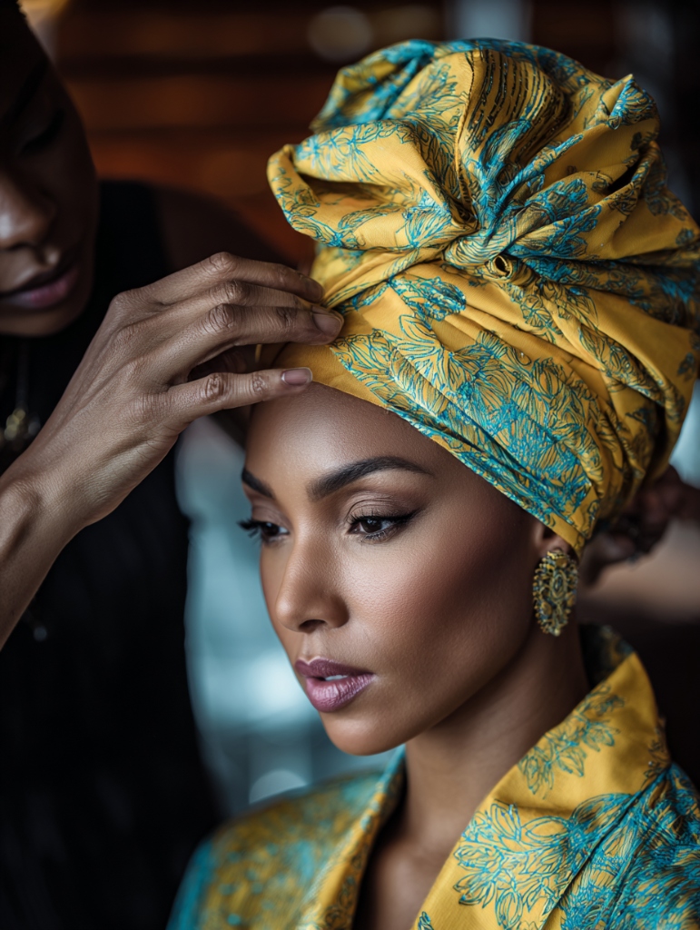 A master artisan tying an intricate yellow and teal Gèlè on a model