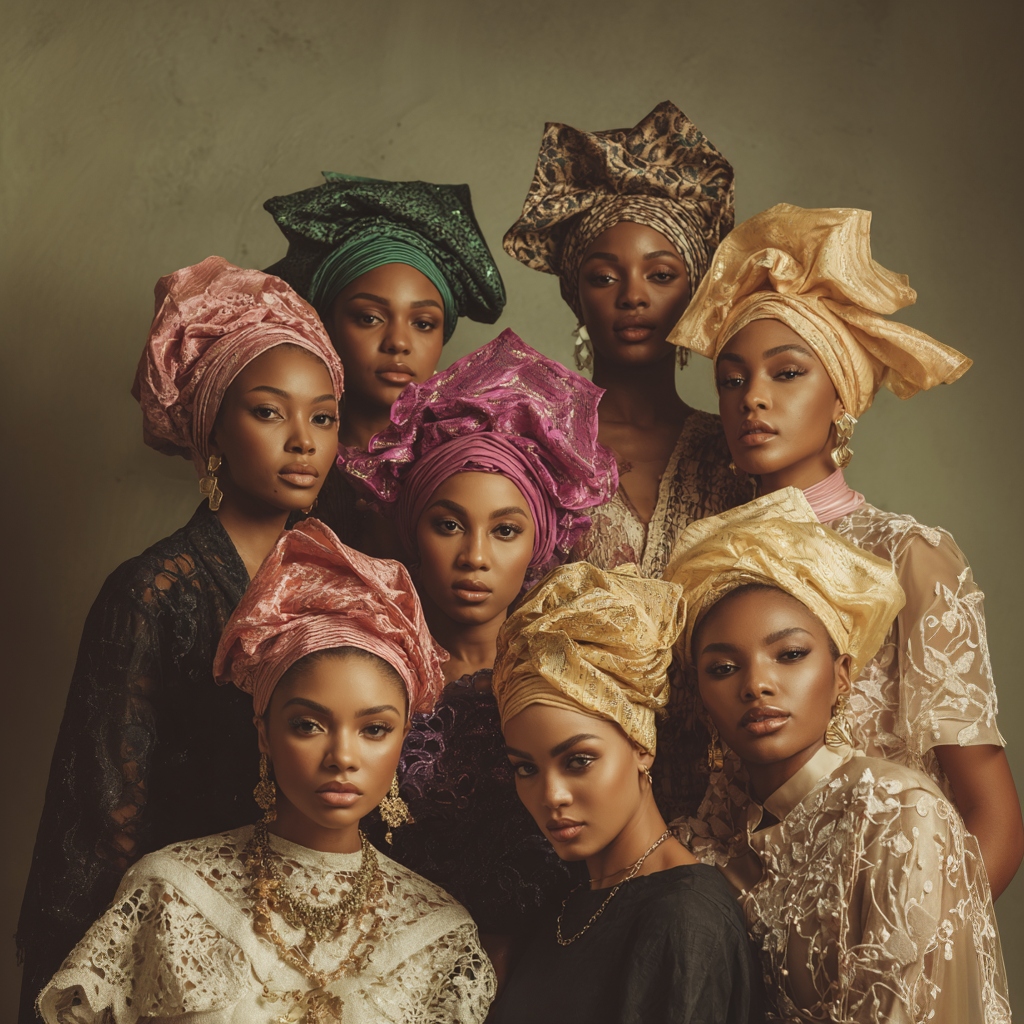 A group of beautiful Yorùbá women wearing diverse and elegant Gèlè styles